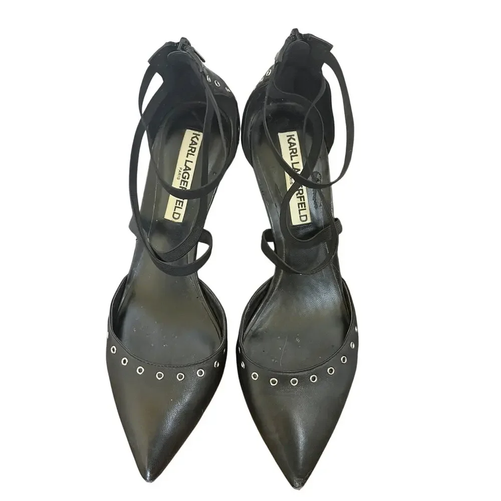 Karl Lagerfeld Paris Avril Black Studded Strappy Pointed Heel Size 7